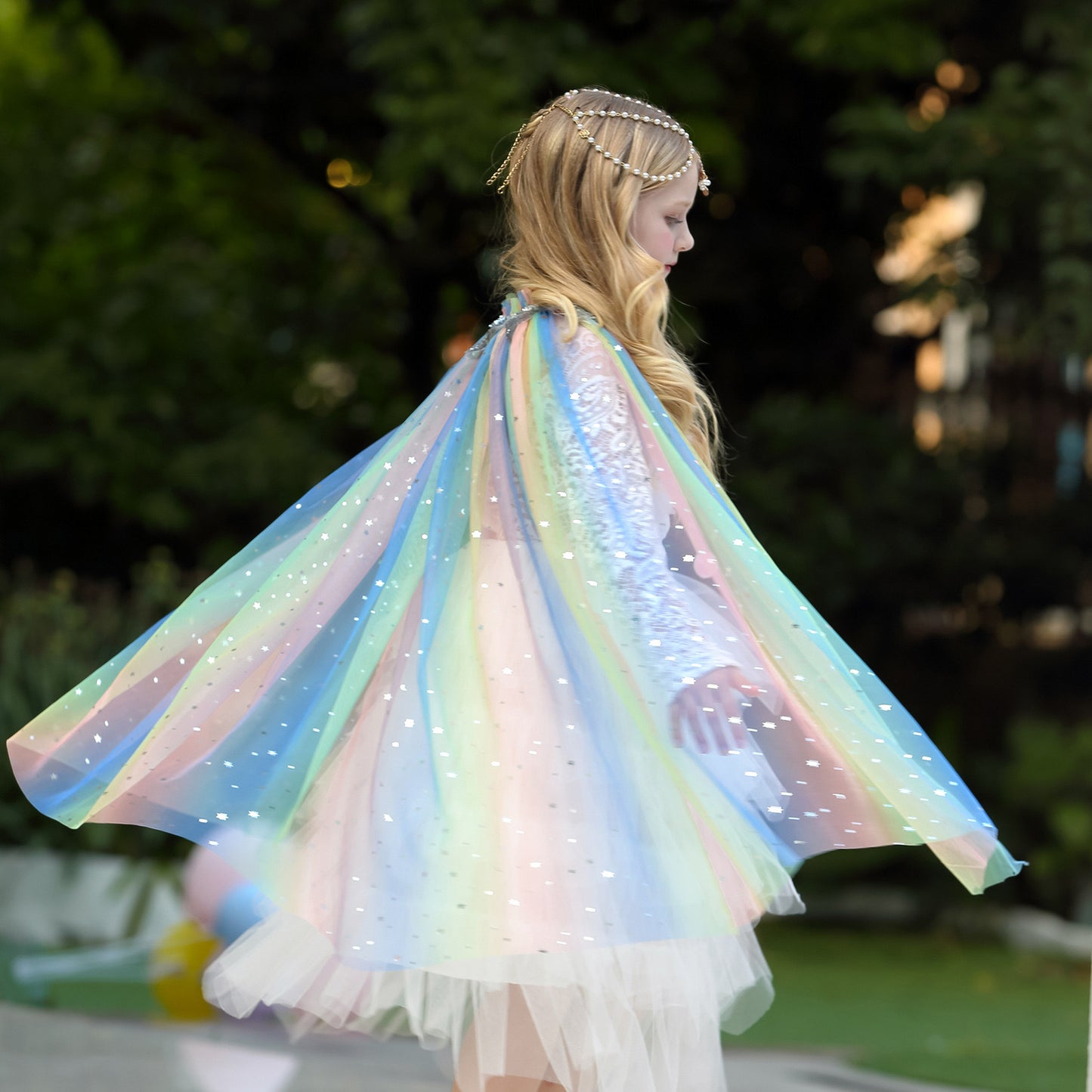 Kids Girls Princess Rainbow Lace Tulle Cape Costume