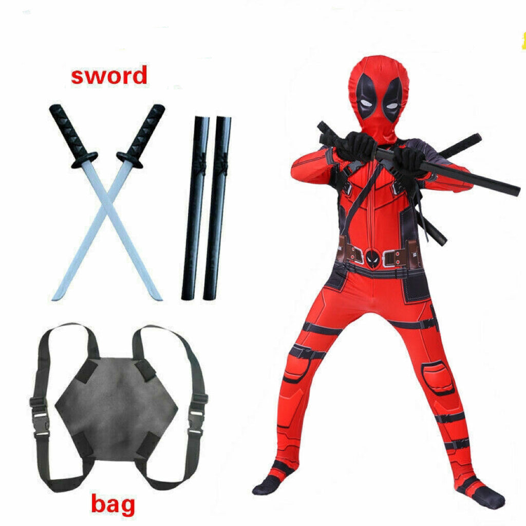 Deadpool Costume Superhero Cosplay Boys Fancy Dress Party Jumpsuit
