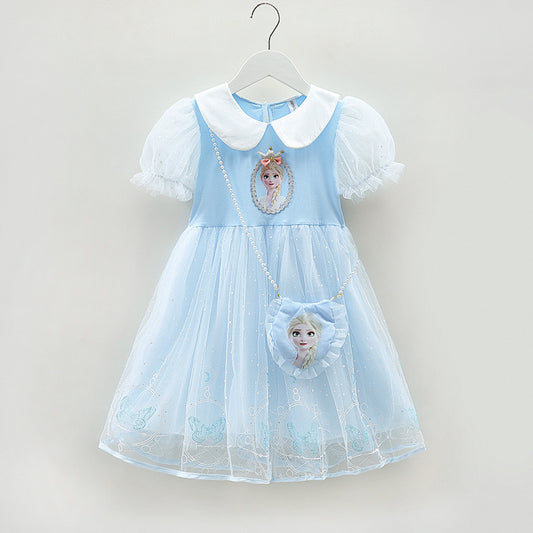 Girls short sleeves Princess Dress Frozen Queen Elsa Costume ( With bag)