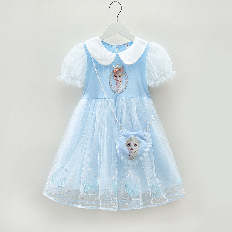 Girls short sleeves Princess Dress Frozen Queen Elsa Costume ( With bag)