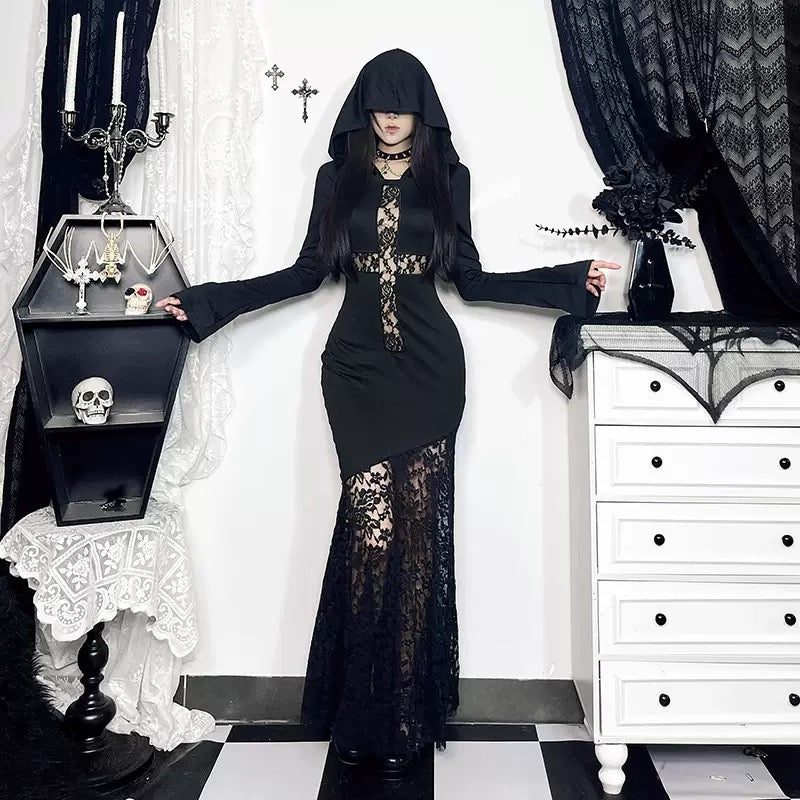 Halloween Gothic Hooded Black Lace Mermaid Dress Cross Cut‑out Fishtail Cosplay Costume
