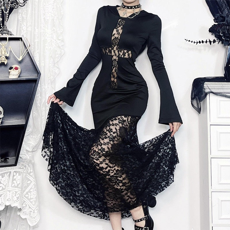 Halloween Gothic Hooded Black Lace Mermaid Dress Cross Cut‑out Fishtail Cosplay Costume