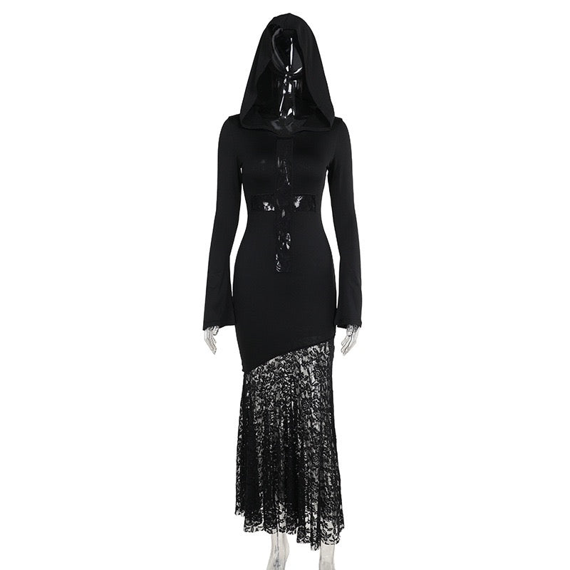 Halloween Gothic Hooded Black Lace Mermaid Dress Cross Cut‑out Fishtail Cosplay Costume