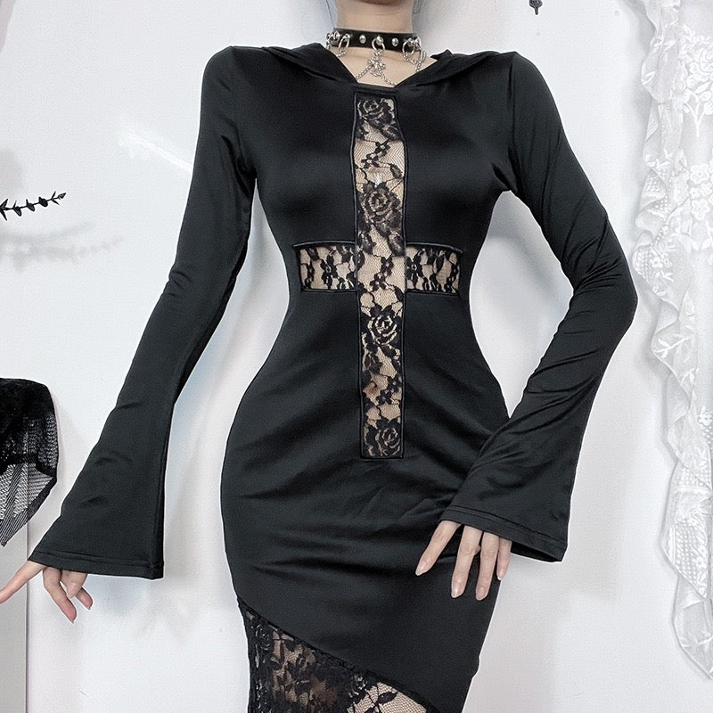 Halloween Gothic Hooded Black Lace Mermaid Dress Cross Cut‑out Fishtail Cosplay Costume