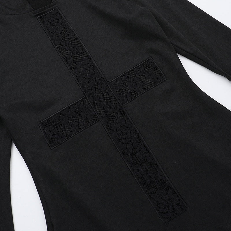 Halloween Gothic Hooded Black Lace Mermaid Dress Cross Cut‑out Fishtail Cosplay Costume